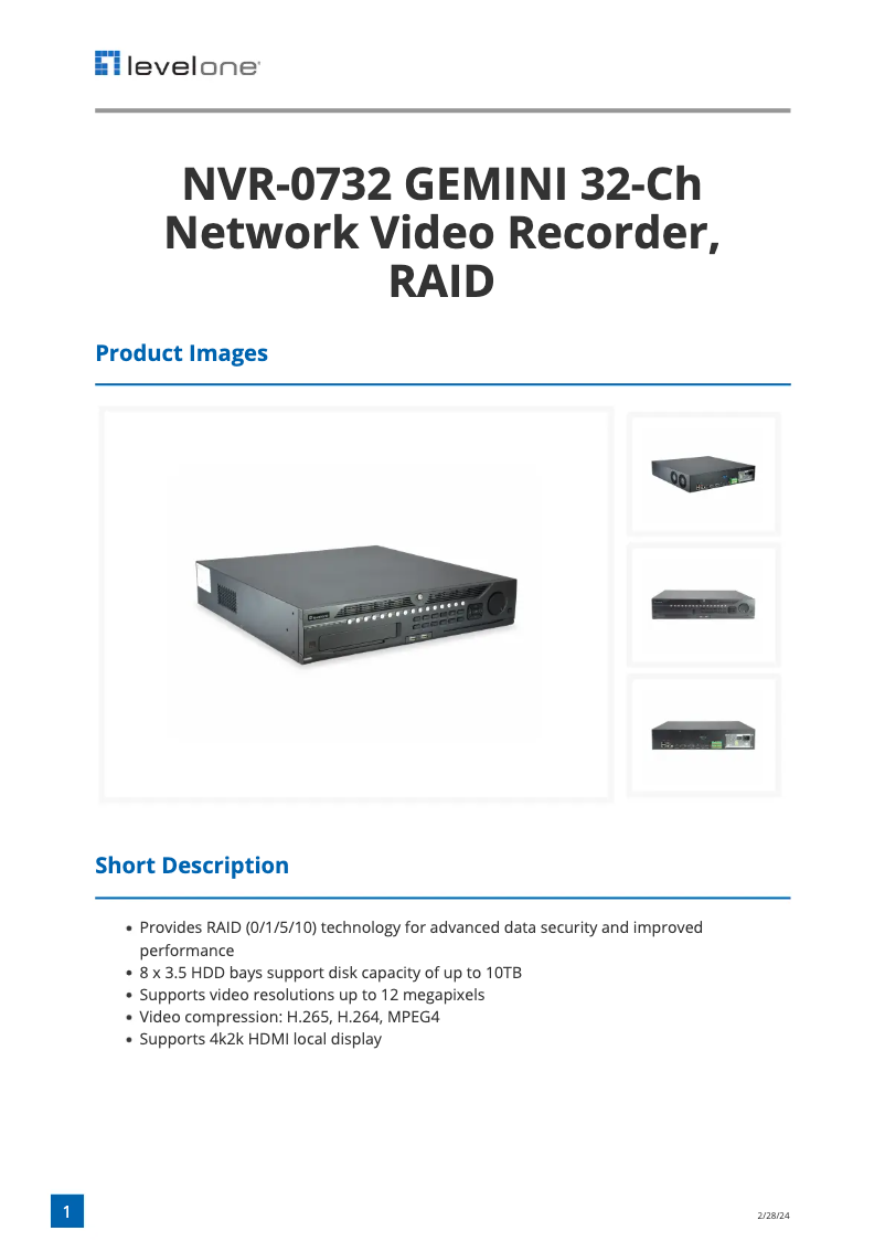 Page 1 de la notice Fiche technique LevelOne NVR-0732