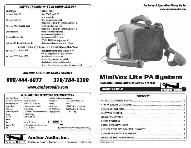 Page 1 de la notice Manuel utilisateur Anchor Audio MiniVox