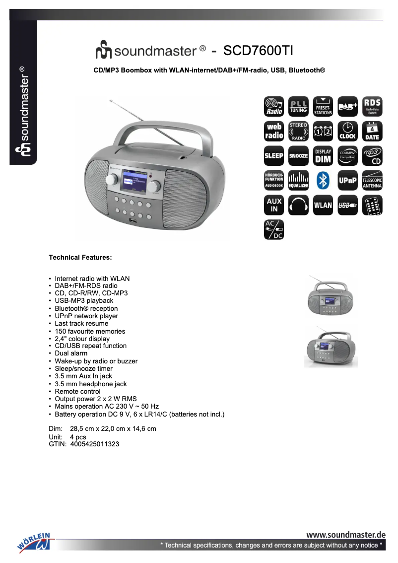 Page n°1 - Fiche technique Soundmaster SCD7600