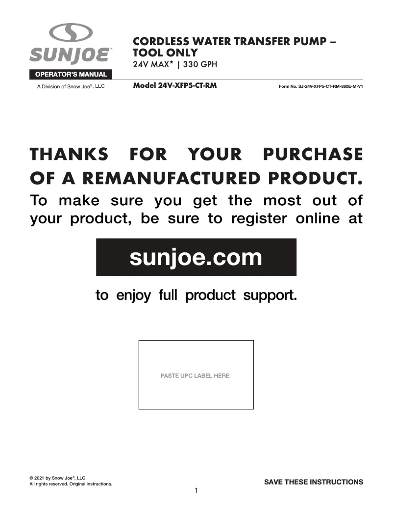 Page 1 de la notice Manuel utilisateur Sun Joe 24V-XFP5-CT-RM