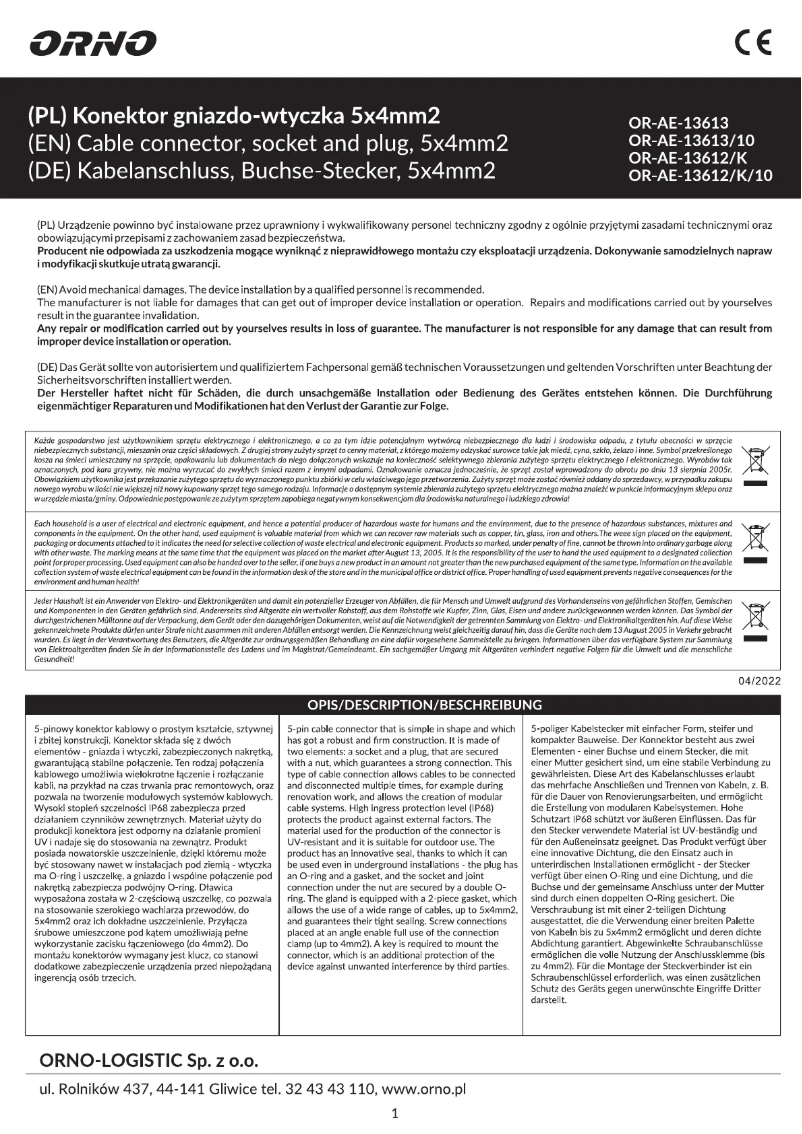 Image de la première page du manuel de l'appareil OR-AE-13613/10