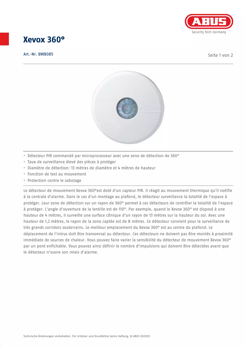 Página 1 del manual Ficha técnica Abus Xevox 360° BW8085