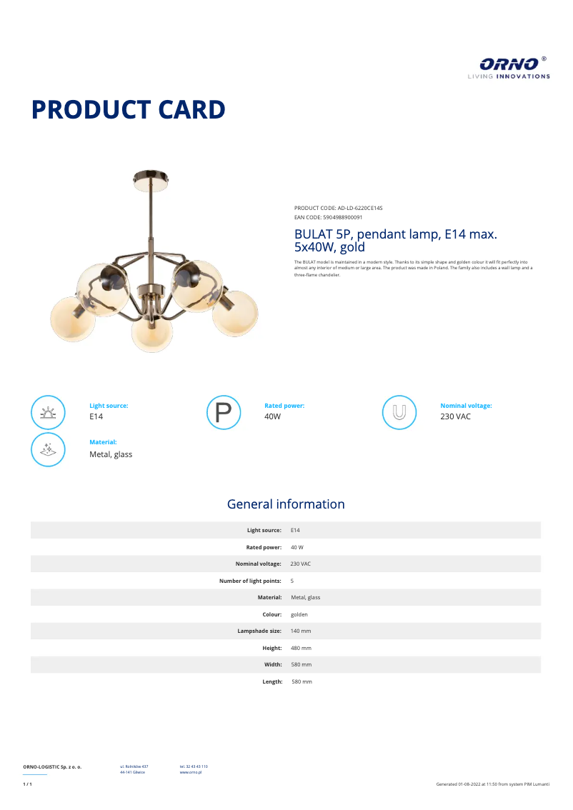 Page 1 de la notice Fiche technique Adviti AD-LD-6220CE14S