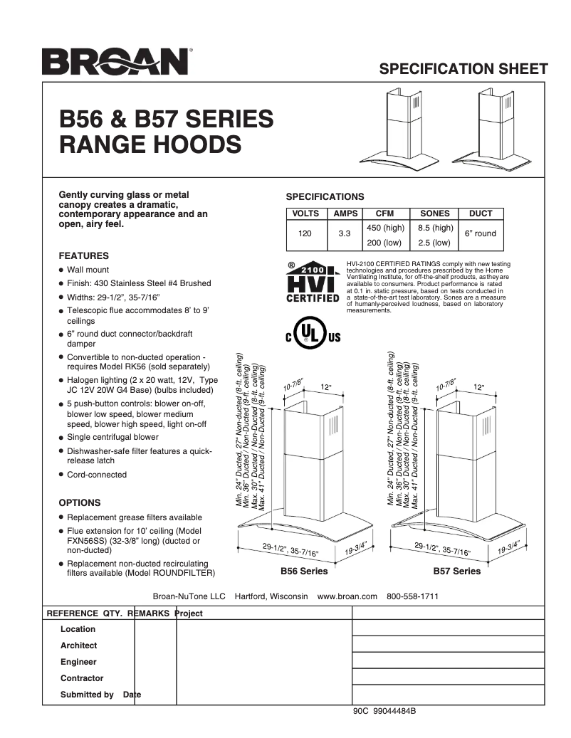 Page n°1 - Fiche technique Broan B5736SS