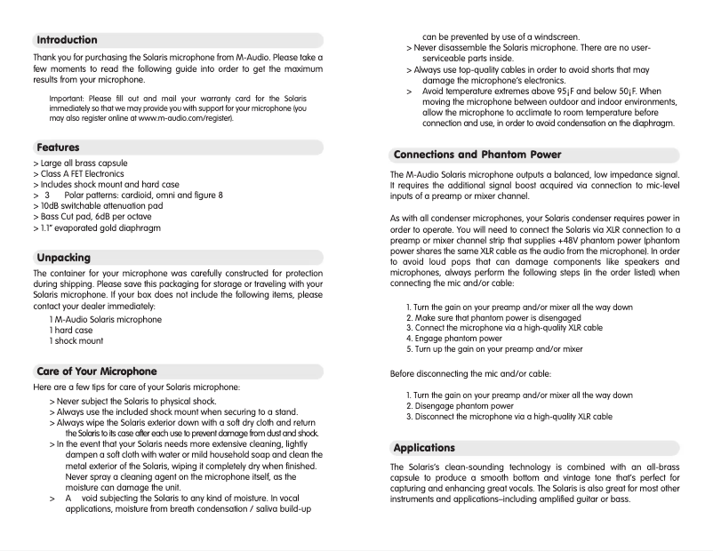 Page 1 de la notice Manuel utilisateur M-Audio Solaris