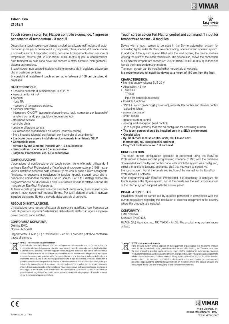 Page n°1 - Manuel utilisateur Vimar R21512.1.BN