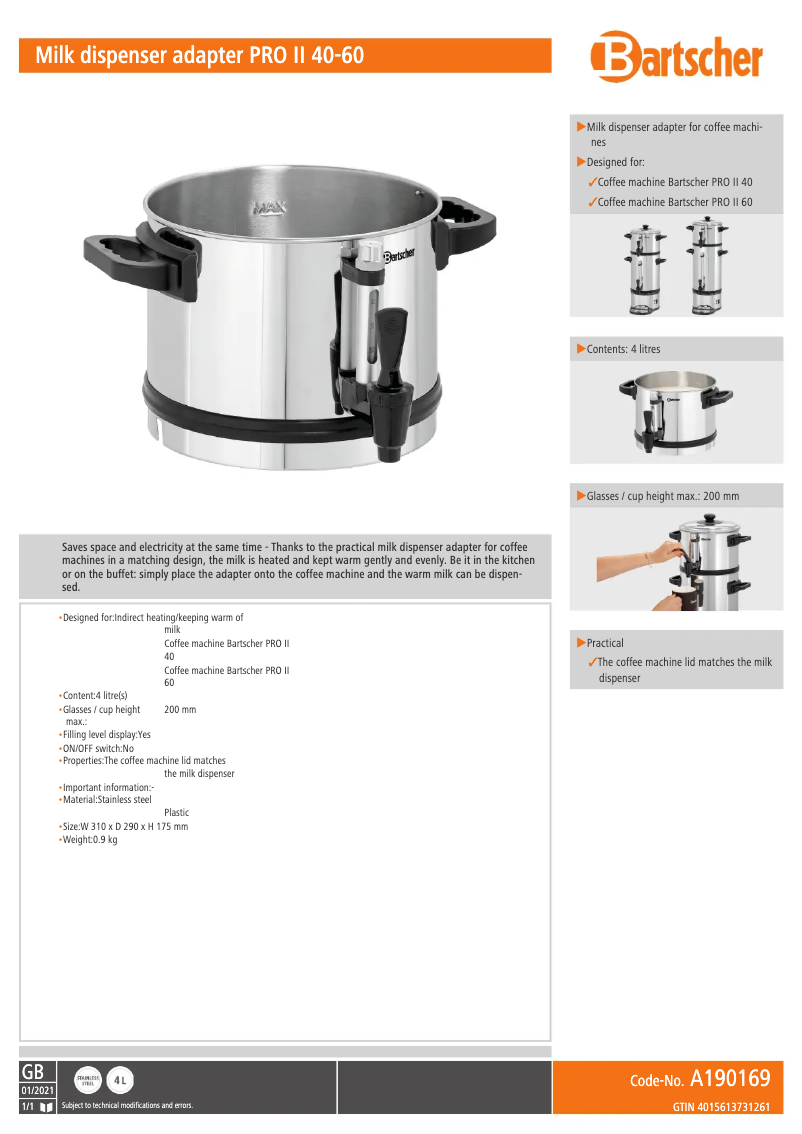 Página 1 del manual Ficha técnica Bartscher PRO II 40-60