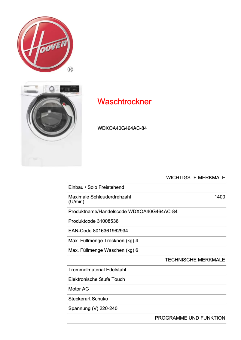Page 1 de la notice Manuel utilisateur Hoover WDXOA40G464AC-84