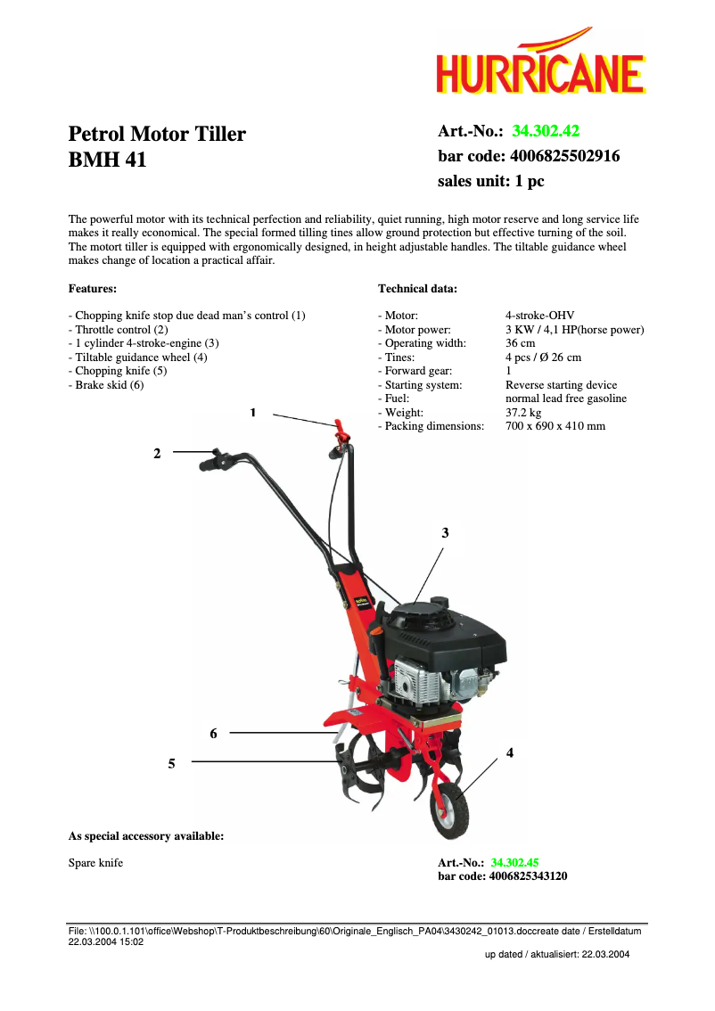 Page 1 de la notice Fiche technique Hurricane HMH 41