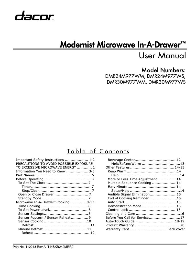 Page n°1 - Manuel utilisateur Dacor Modernist DMR30M977WS