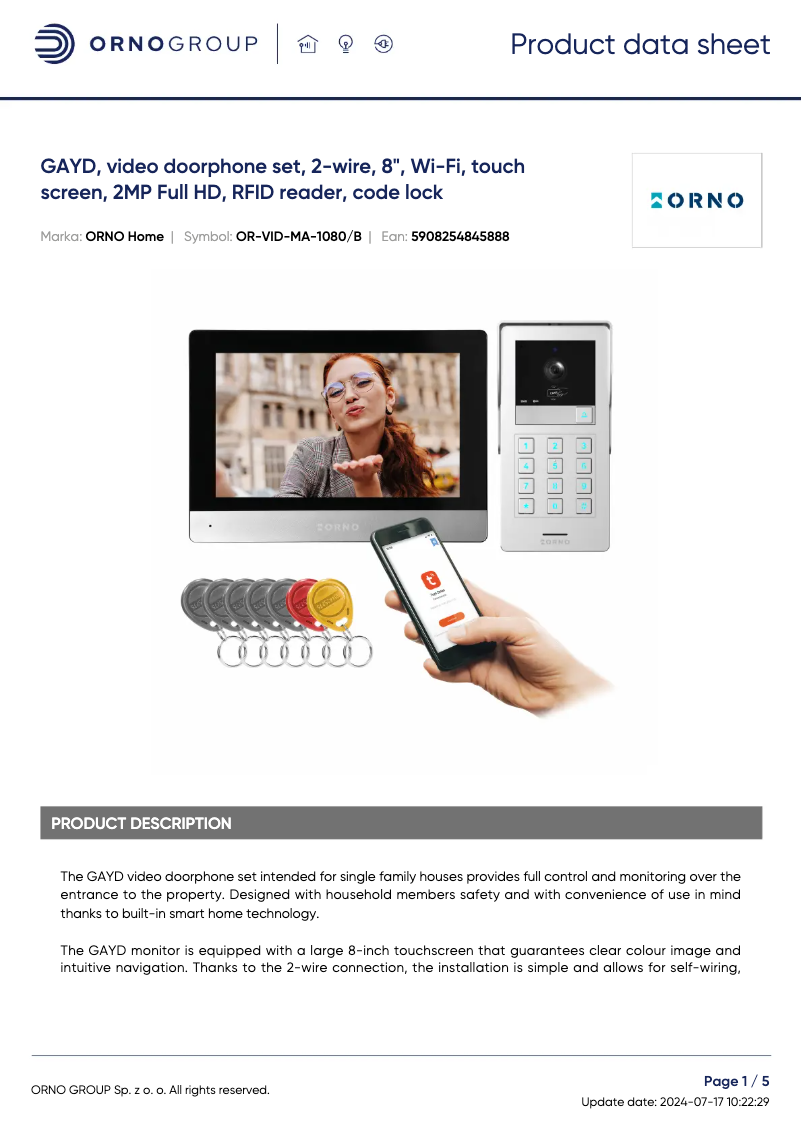 Page 1 de la notice Fiche technique Vibell OR-VID-MA-1080