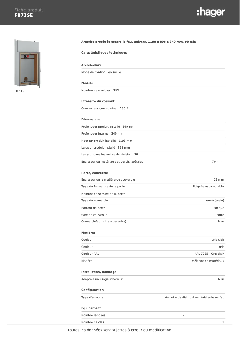 Page 1 de la notice Fiche technique Hager FB73SE