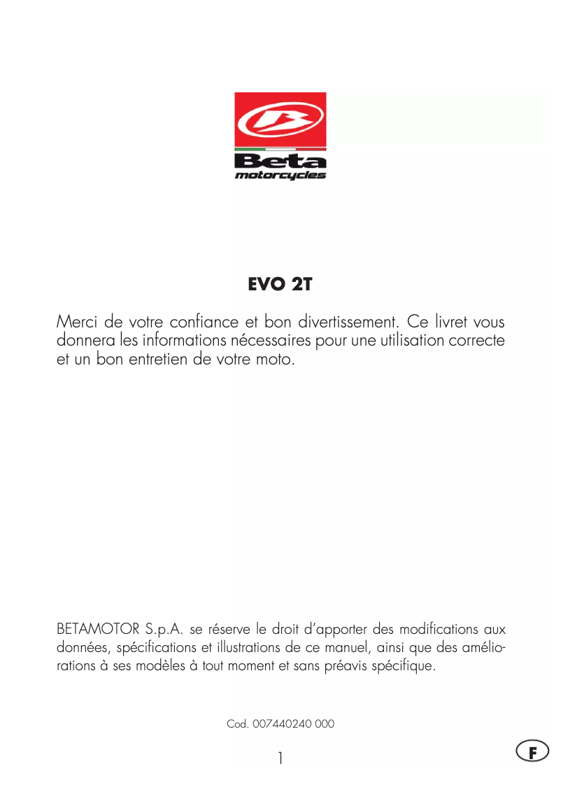 Page 1 de la notice Manuel utilisateur Beta EVO 2T 300 Factory (2016)