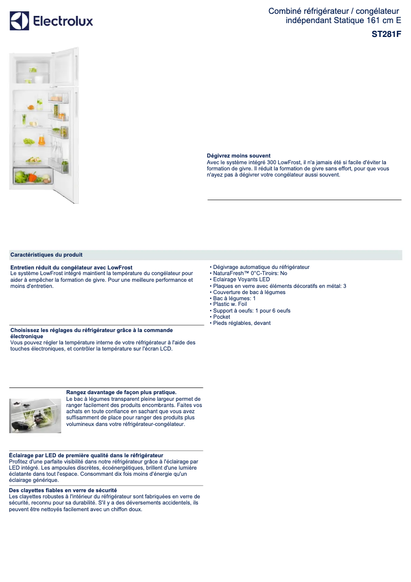 Page 1 de la notice Fiche technique Electrolux ST281F