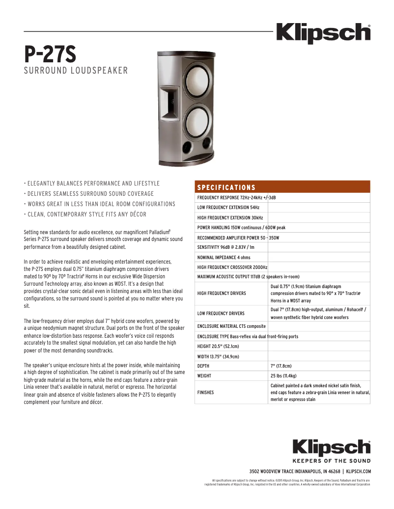 Page 1 de la notice Fiche technique Klipsch Palladium P-27S