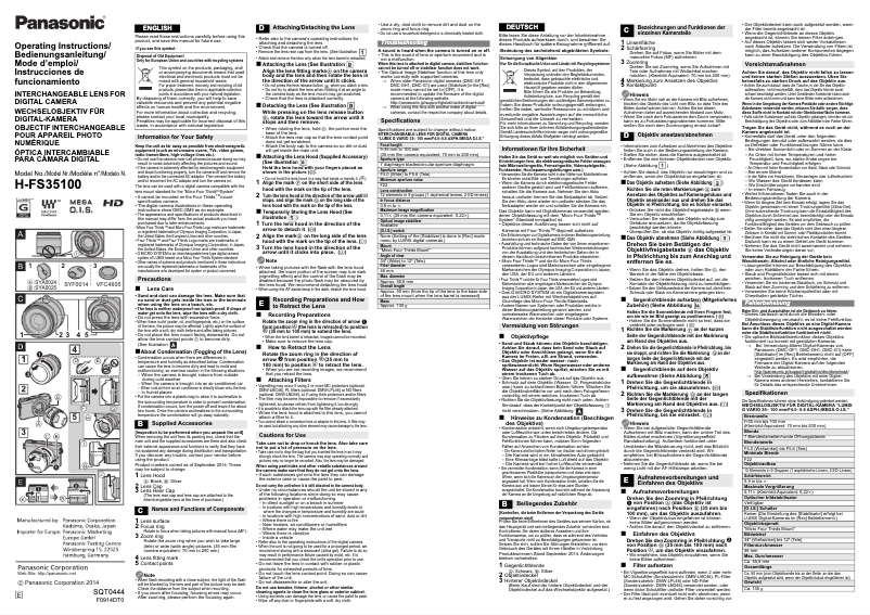 Page 1 de la notice Manuel utilisateur Panasonic Vario 35-100mm f/4.0-5.6 O.I.S.