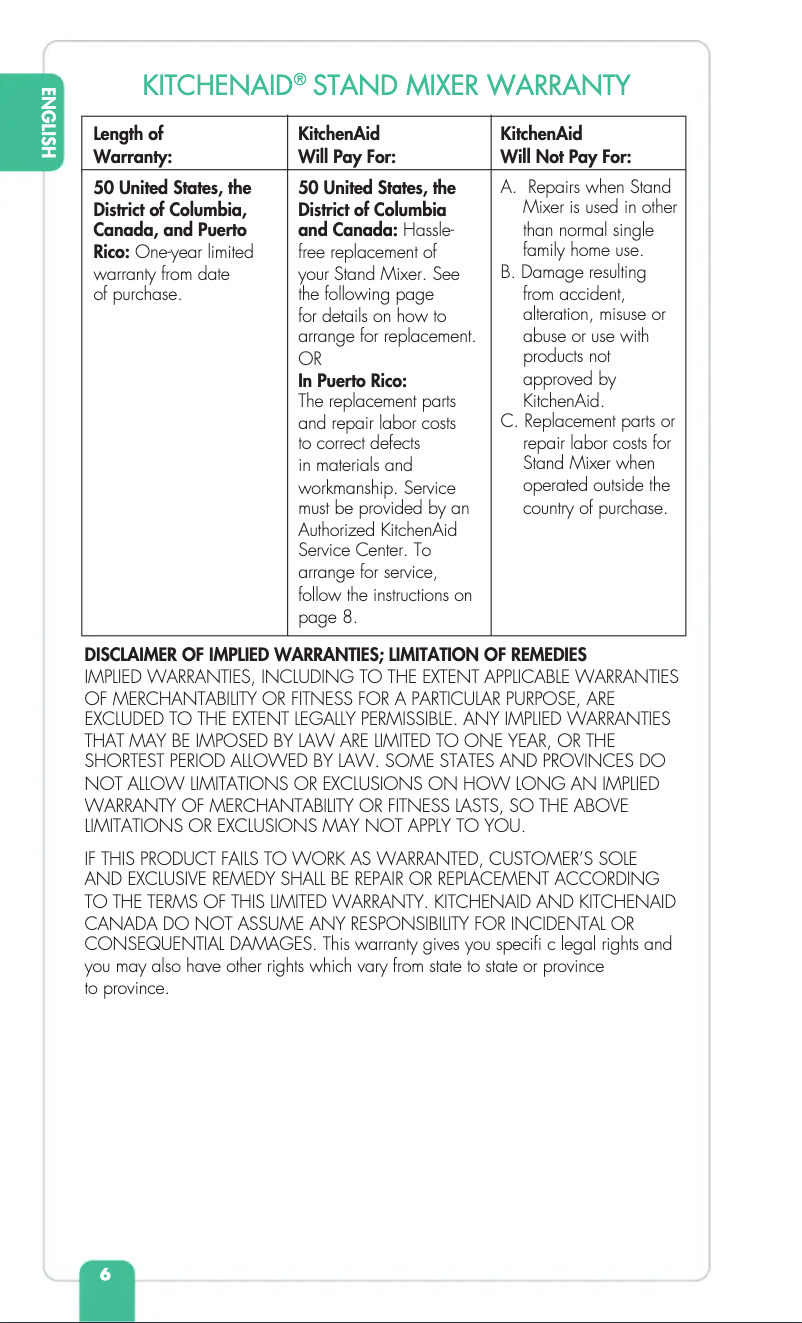 Page 1 de la notice Informations de garantie KitchenAid KSM95IC