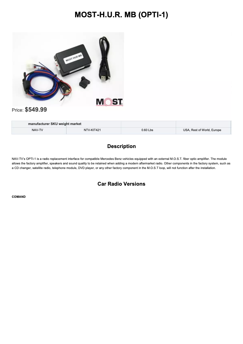 Page 1 de la notice Fiche technique NAV-TV MOST-H.U.R. MB NTV-KIT421