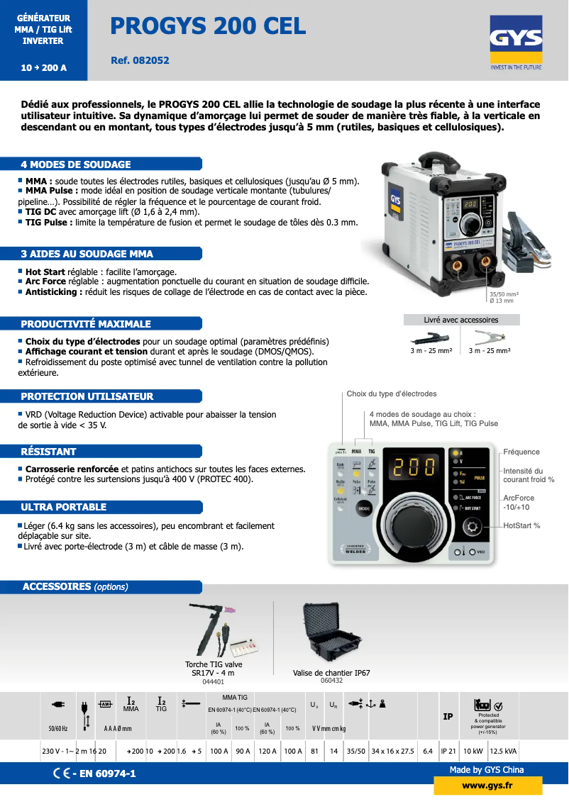 Page 1 de la notice Fiche technique GYS PROGYS 200 CEL