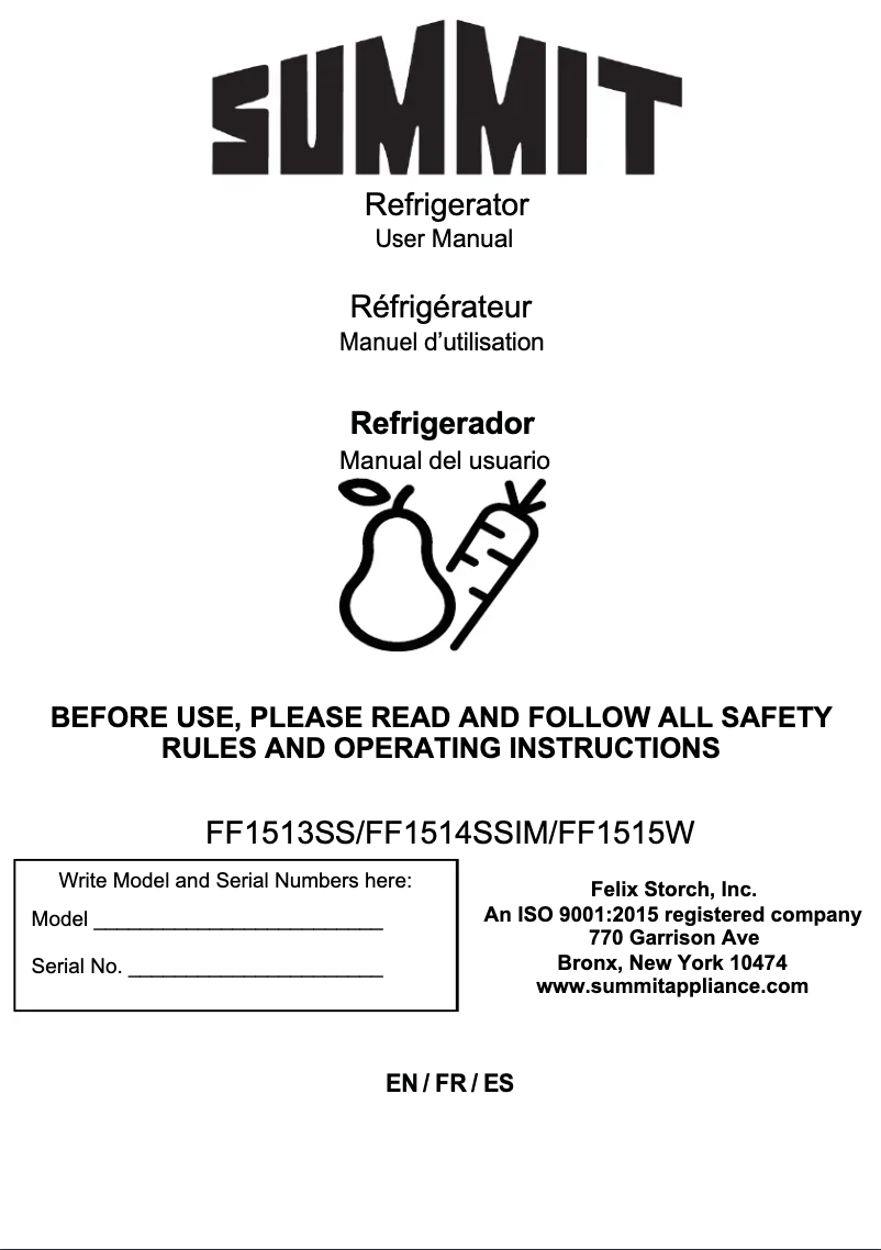 Page 1 de la notice Manuel utilisateur Summit FF1513SS