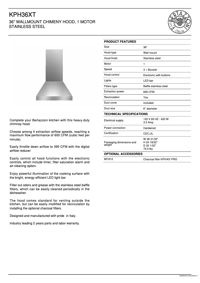 Page 1 de la notice Fiche technique Bertazzoni KPH36XT
