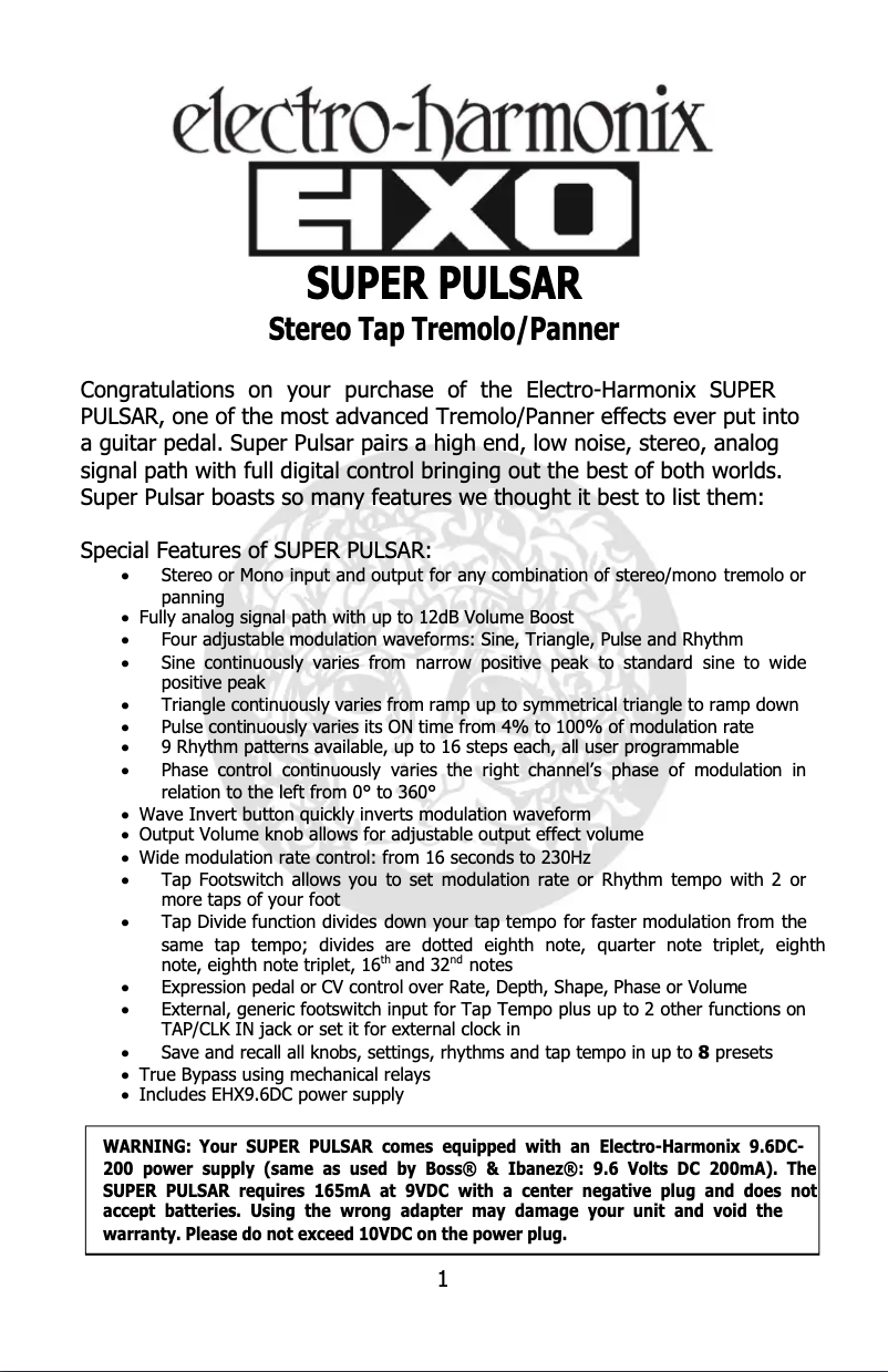 Page 1 de la notice Manuel utilisateur Electro Harmonix Super Pulsar