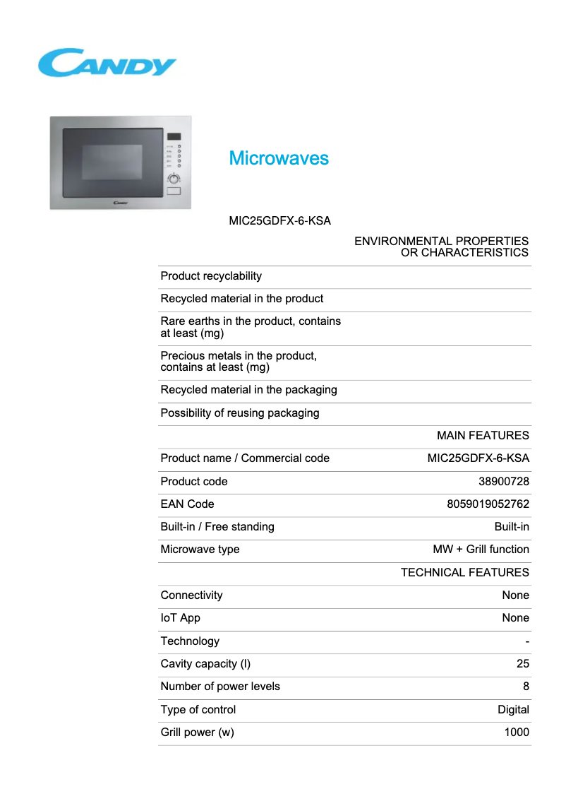 Page 1 de la notice Fiche technique Candy MIC25GDFX-6-KSA