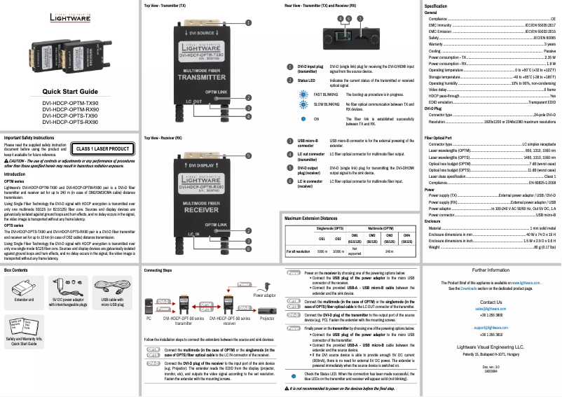 Page n°1 - Manuel utilisateur Lightware DVI-HDCP-OPTS-TX90