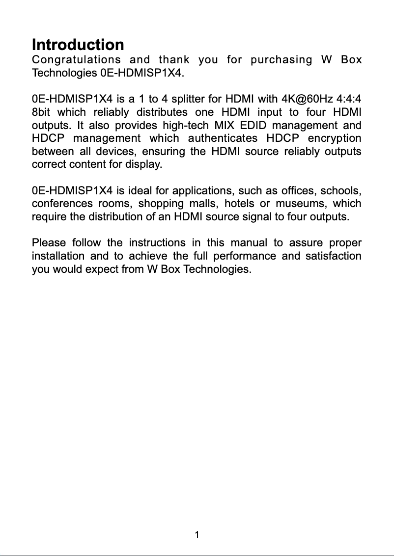 Page 1 de la notice Manuel utilisateur W Box 0E-HDMISP1X4