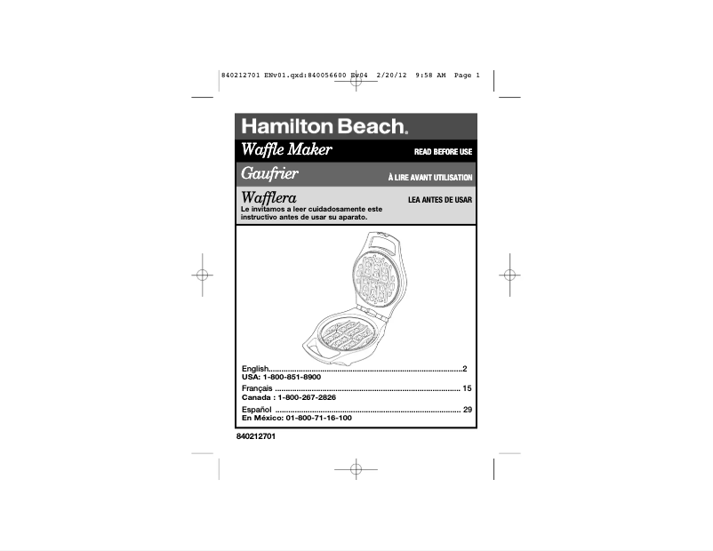 Page 1 de la notice Manuel utilisateur Hamilton Beach Belgian Style 26040