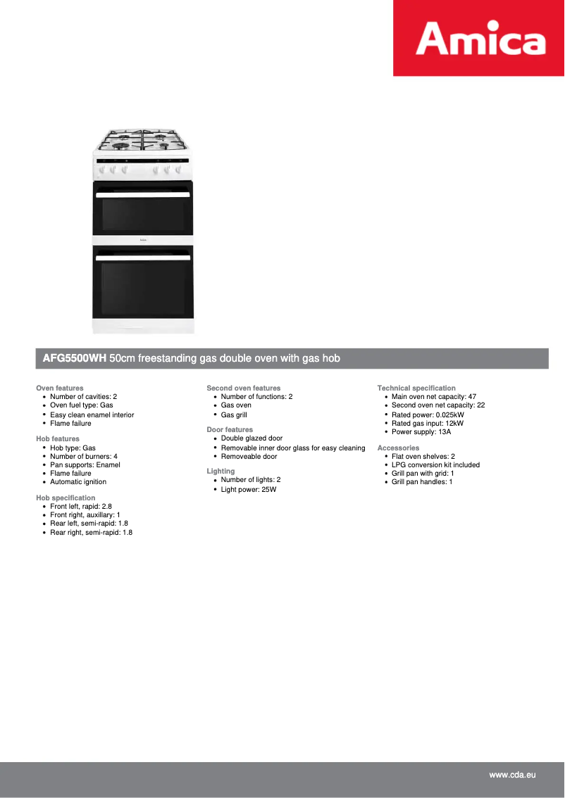 Página 1 del manual Ficha técnica Amica AFG5500WH