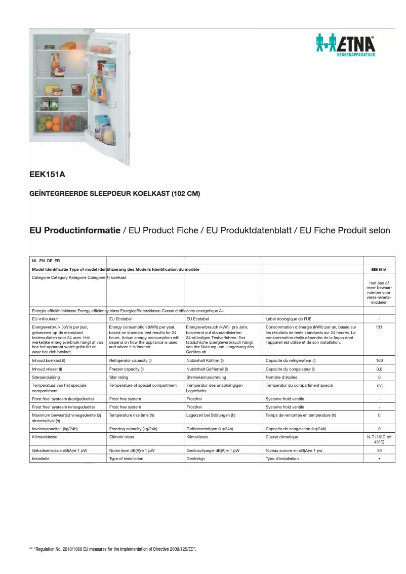 Page 1 de la notice Fiche technique Etna EEK151A