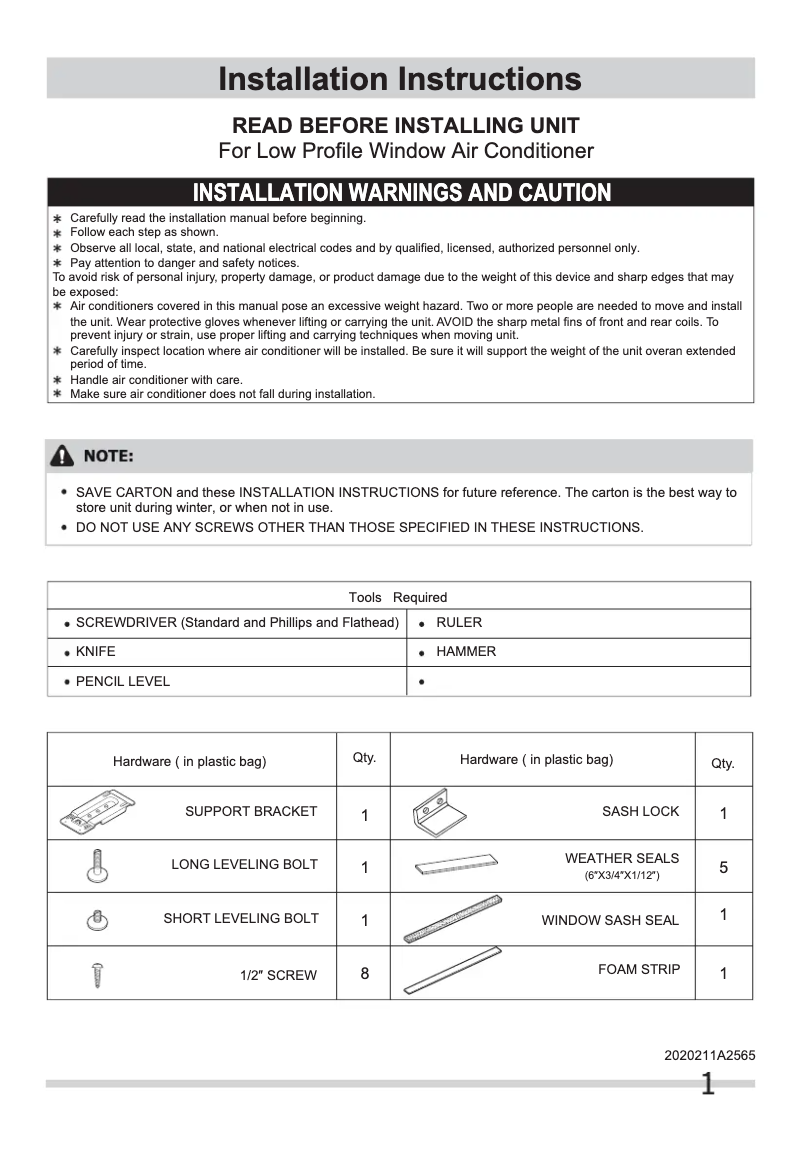Page 1 de la notice Guide d'installation Frigidaire FFRL0633Q1