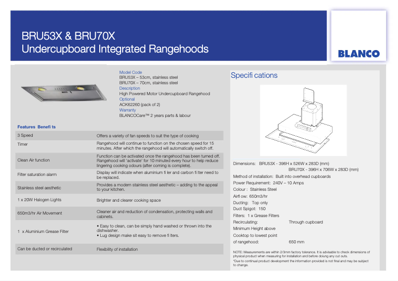 Page 1 de la notice Fiche technique BLANCO BRU53X