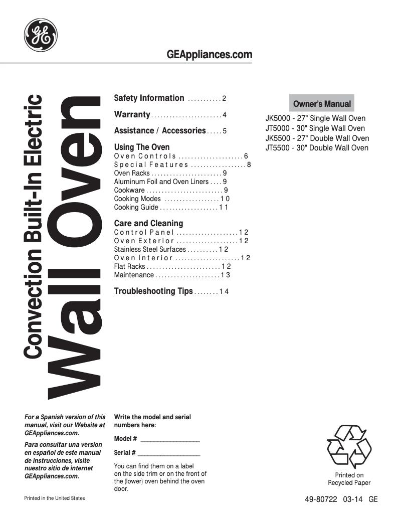 Page 1 of the manual Use and Maintenance Manual GE JK5500SFSS