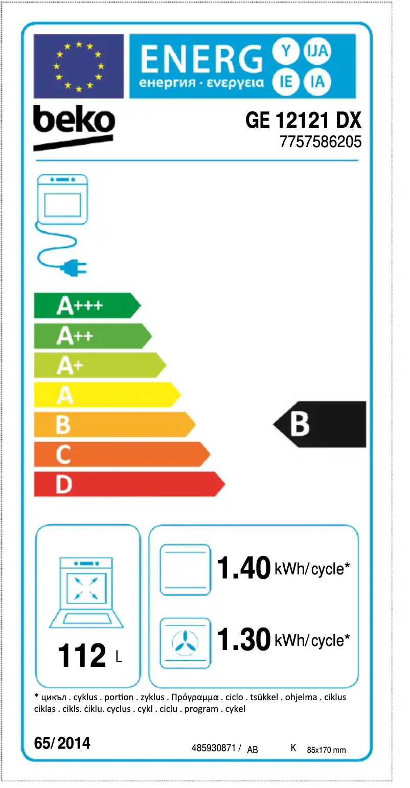 Page 1 de la notice Label énergétique Beko GE 12121 DX
