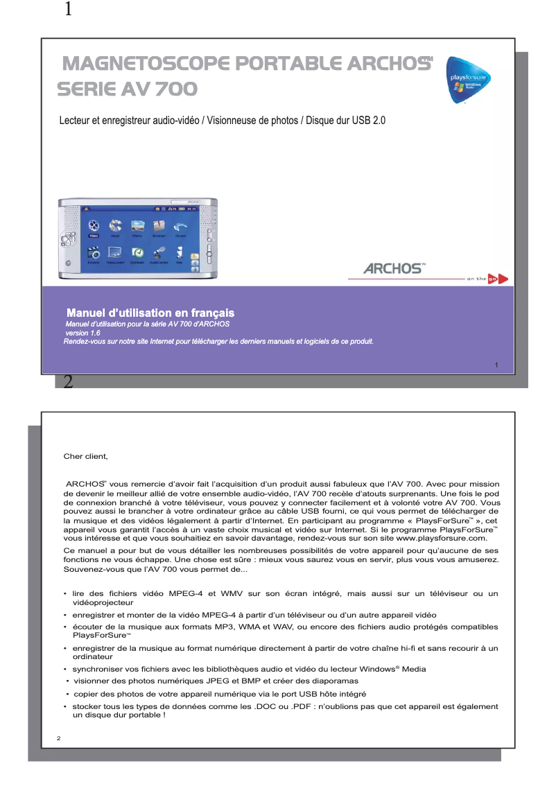 Page 1 de la notice Manuel utilisateur Archos AV700