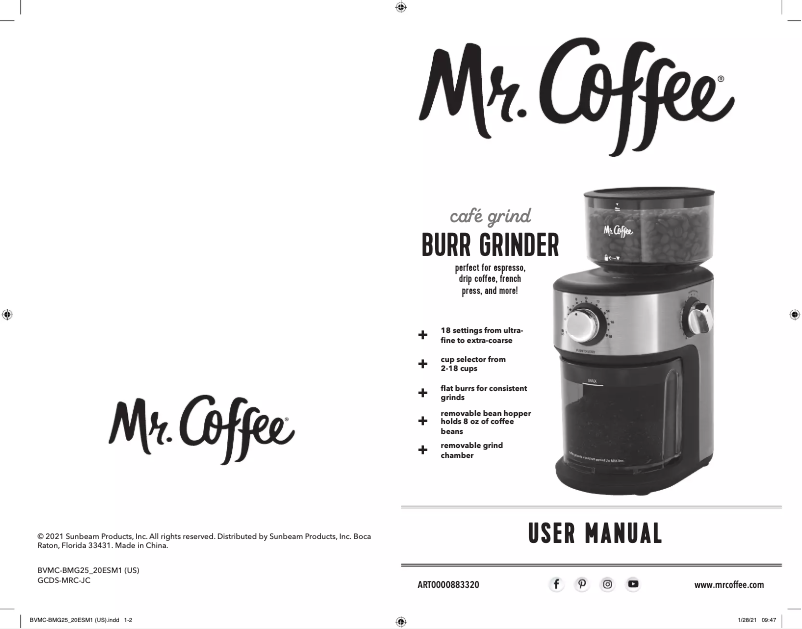 Page 1 de la notice Manuel utilisateur Mr. Coffee Cafe Grind 18 Cup