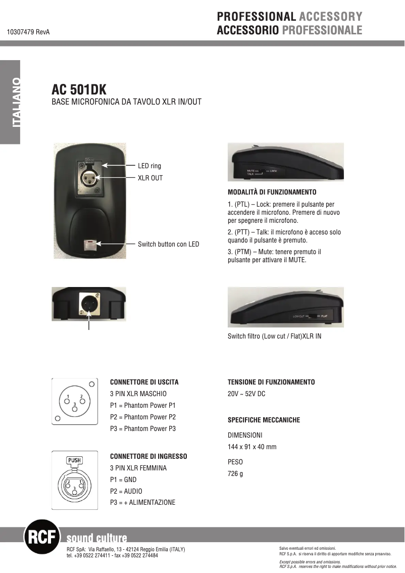 Page n°1 - Manuel utilisateur RCF AC 501DK