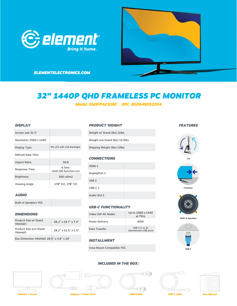 Page 1 de la notice Fiche technique Element EM3FPAC32BC