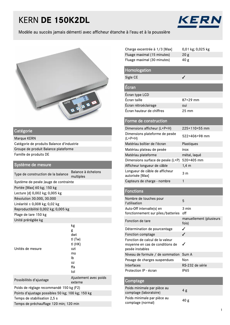 Page 1 de la notice Fiche technique Kern DE 150K2DL