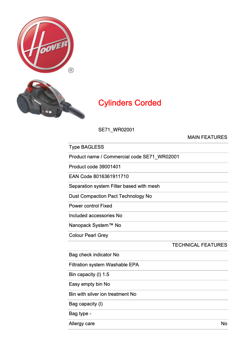 Página 1 del manual Ficha técnica Hoover Whirlwind SE71_WR02001