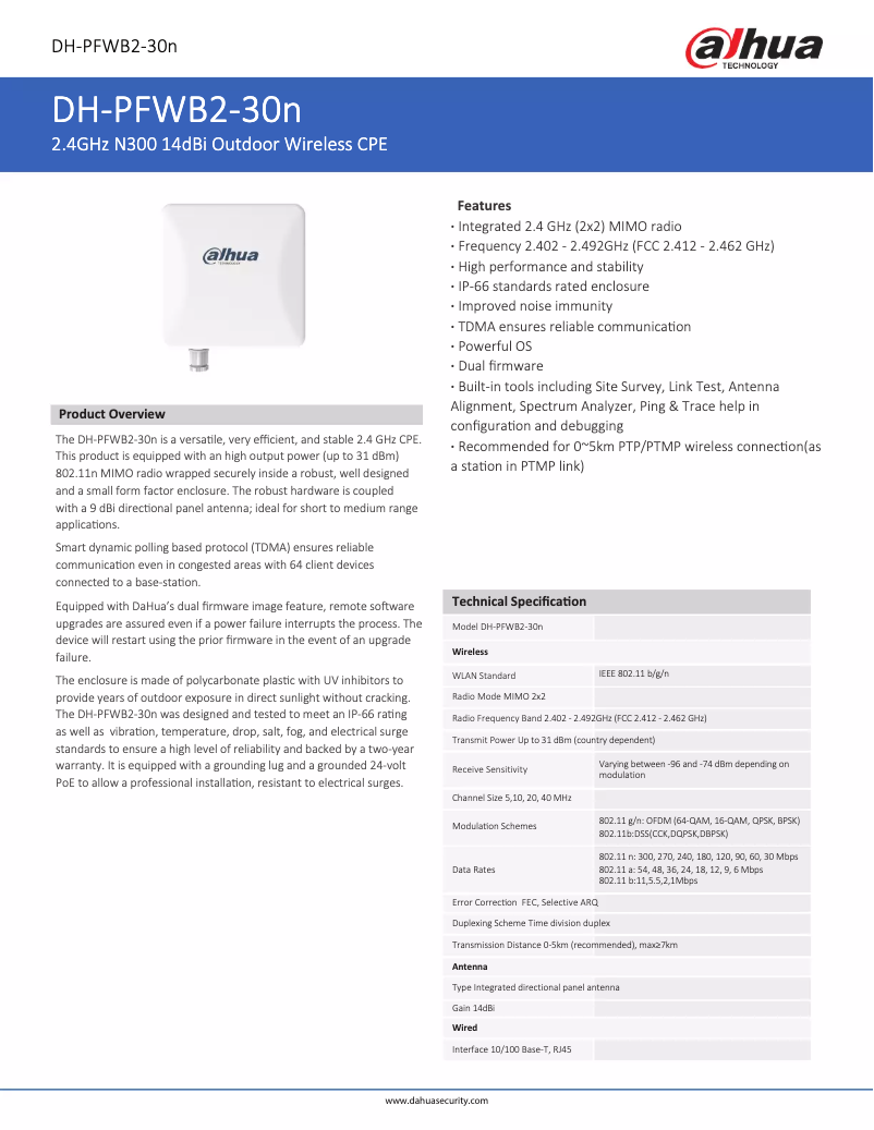 Page 1 de la notice Fiche technique Dahua Technology PFWB2-30n