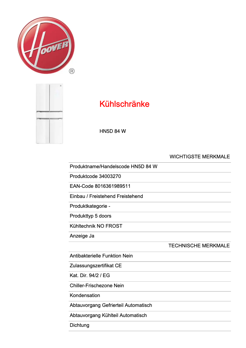 Page n°1 - Fiche technique Hoover H-FRIDGE 700 Maxi HN5D 84 W