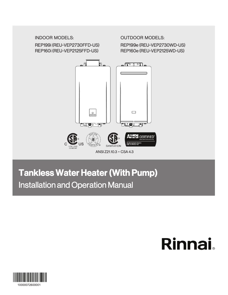 Page 1 of the manual Installation Guide Rinnai REP160eP