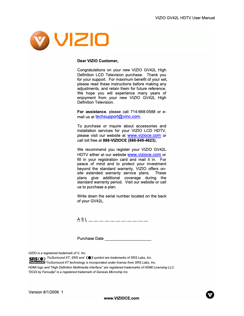 Page 1 de la notice Manuel utilisateur VIZIO GV42L
