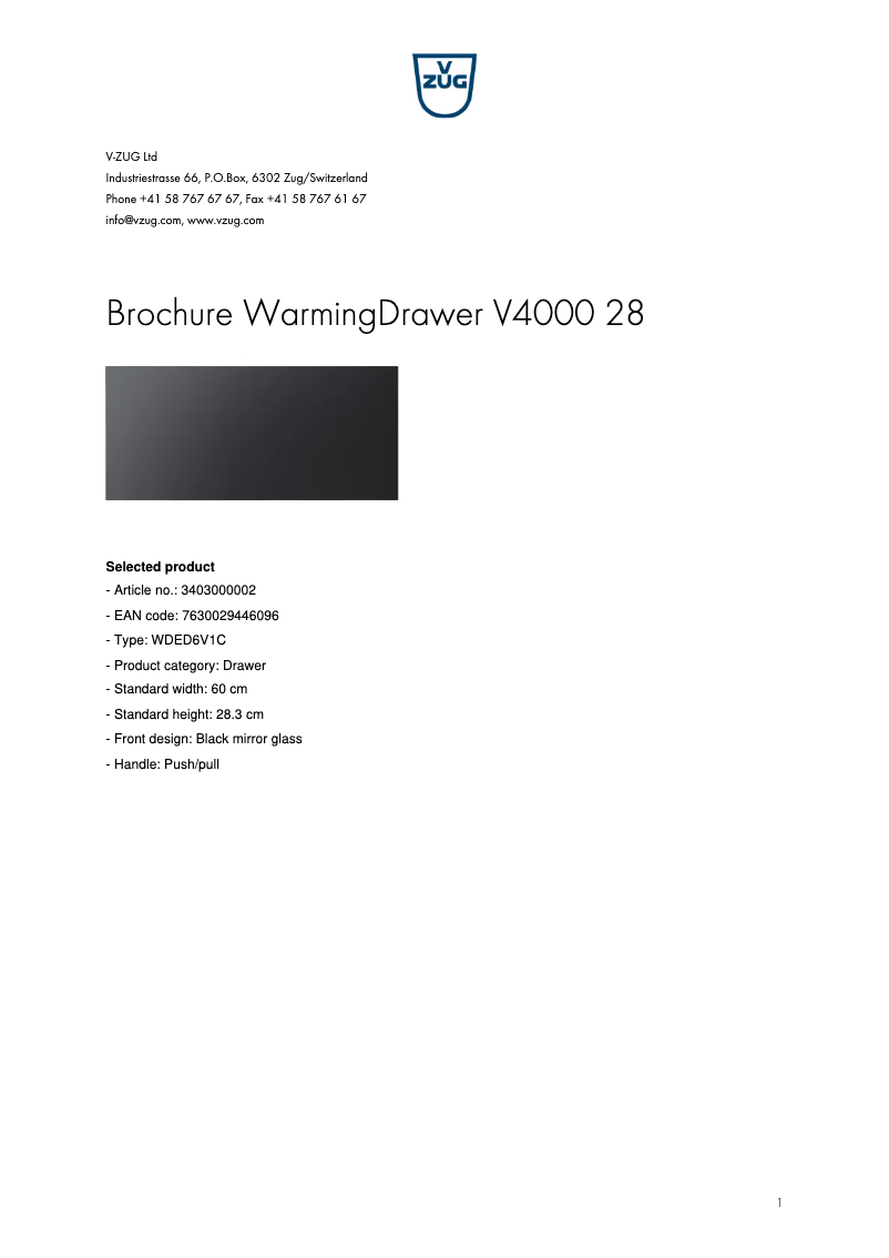 Page 1 de la notice Brochure V-Zug WarmingDrawer V4000 28