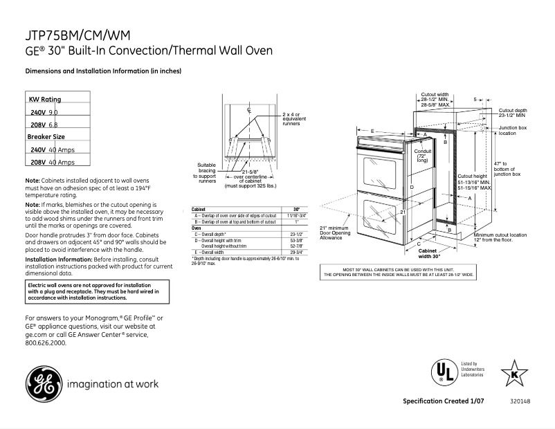 Page n°1 - Fiche technique GE JTP75WMWW