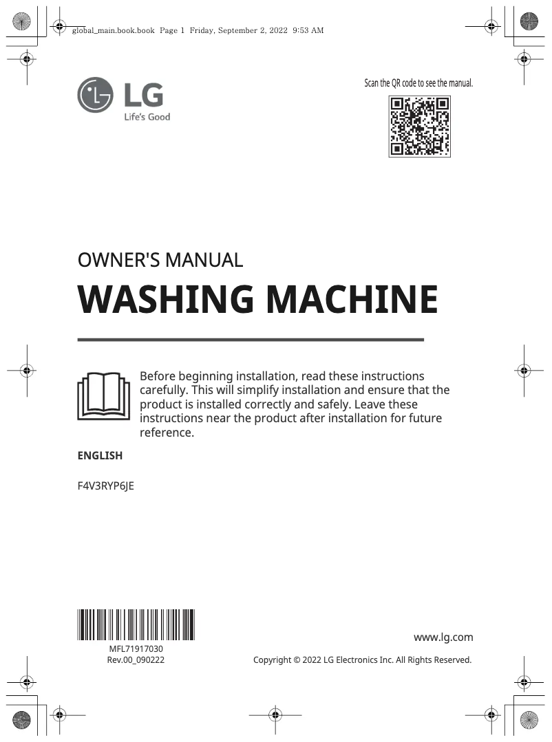 Page 1 de la notice Manuel utilisateur LG F4V3RYP6JE