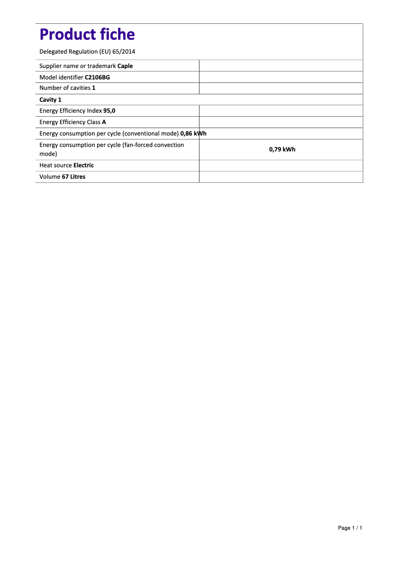 Page 1 de la notice Fiche technique Caple C2106
